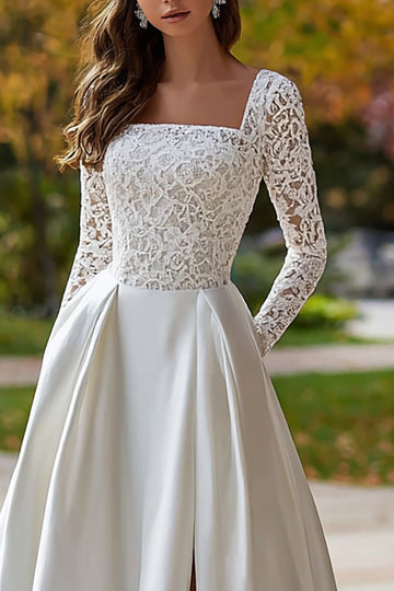 Ivory A-Line Square Neck Satin Lace Long Sleeve Wedding Dress With Slit